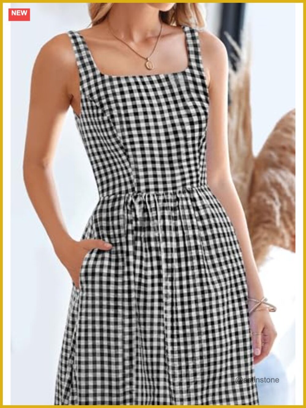 Spaghetti Strap Maxi Dress Plaid Square Neck A Line Beach Vacation Casual - Picture 4 of 6